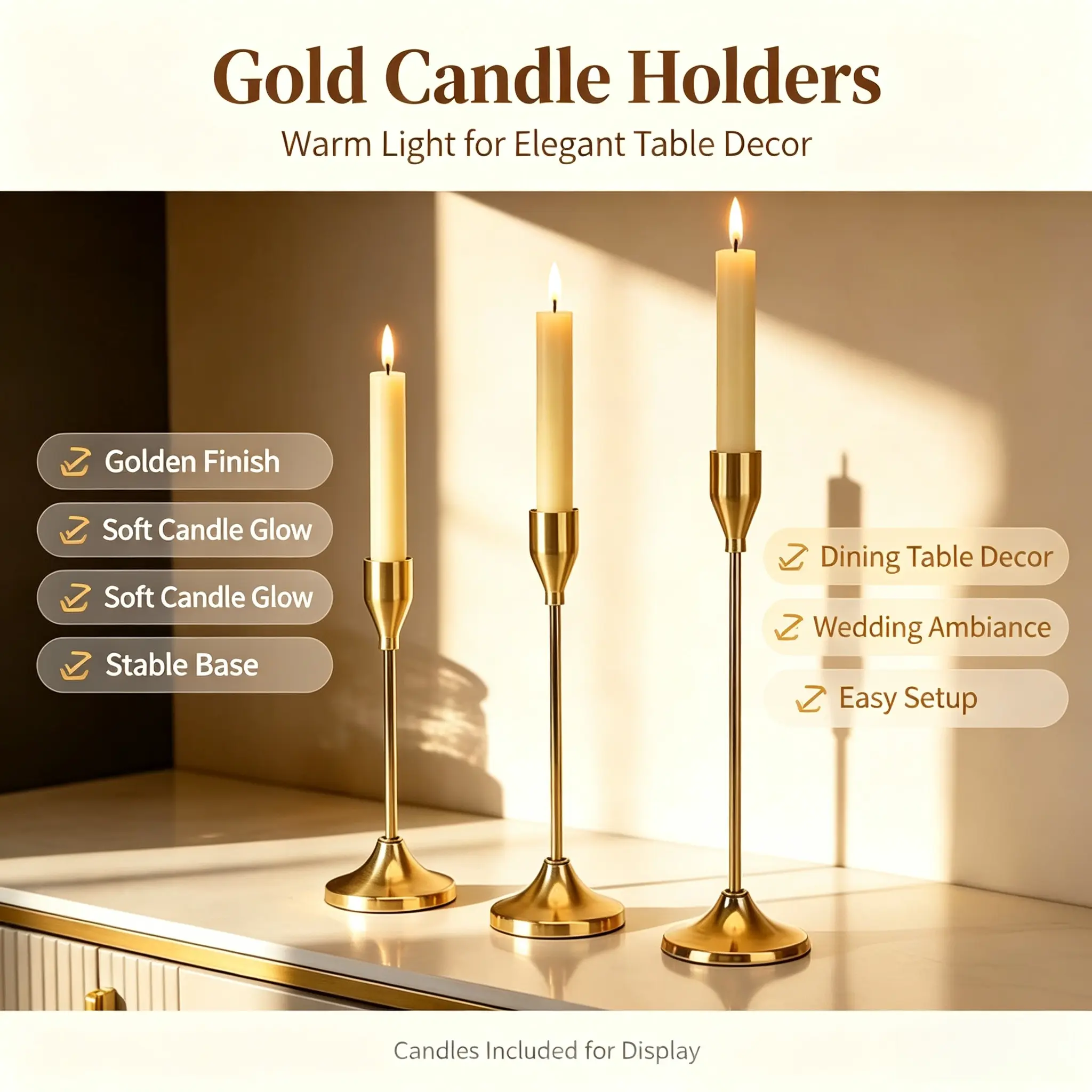 3Pcs Golden Aluminium Detachable Candle Holders - Stylish Flexible Design, Art Deco Aesthetic Home Dining Decor for Holiday Party Romantic Vibes