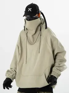 Men's High Neck Windproof Sweatshirt - Beige Oversized Pullover, Winter Thermal Techwear, Urban Fashion Casual Jacket, Outdoor Sports Fleece Top Coat, Minimalist Layer Hoodie Menswear