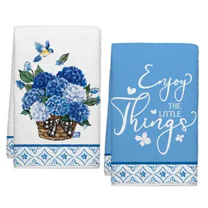 Summer Blue Hydrangea Floral Kitchen Towels, Elegant Birds Dish Towels Set of 2, Spring Flowers 16 x 24 Inch Hand Towel Quick Drying Dishcloth Decor for Kitchen Bathroom Home