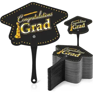 50 Pcs Graduation Hand Fans Bulk, Class of 2026 Grad Cap Themed Plastic Hand Fans with Handle, Black and Gold Graduation Photoshoot Props Party Favors Gifts for Ceremony Decorations Supplies