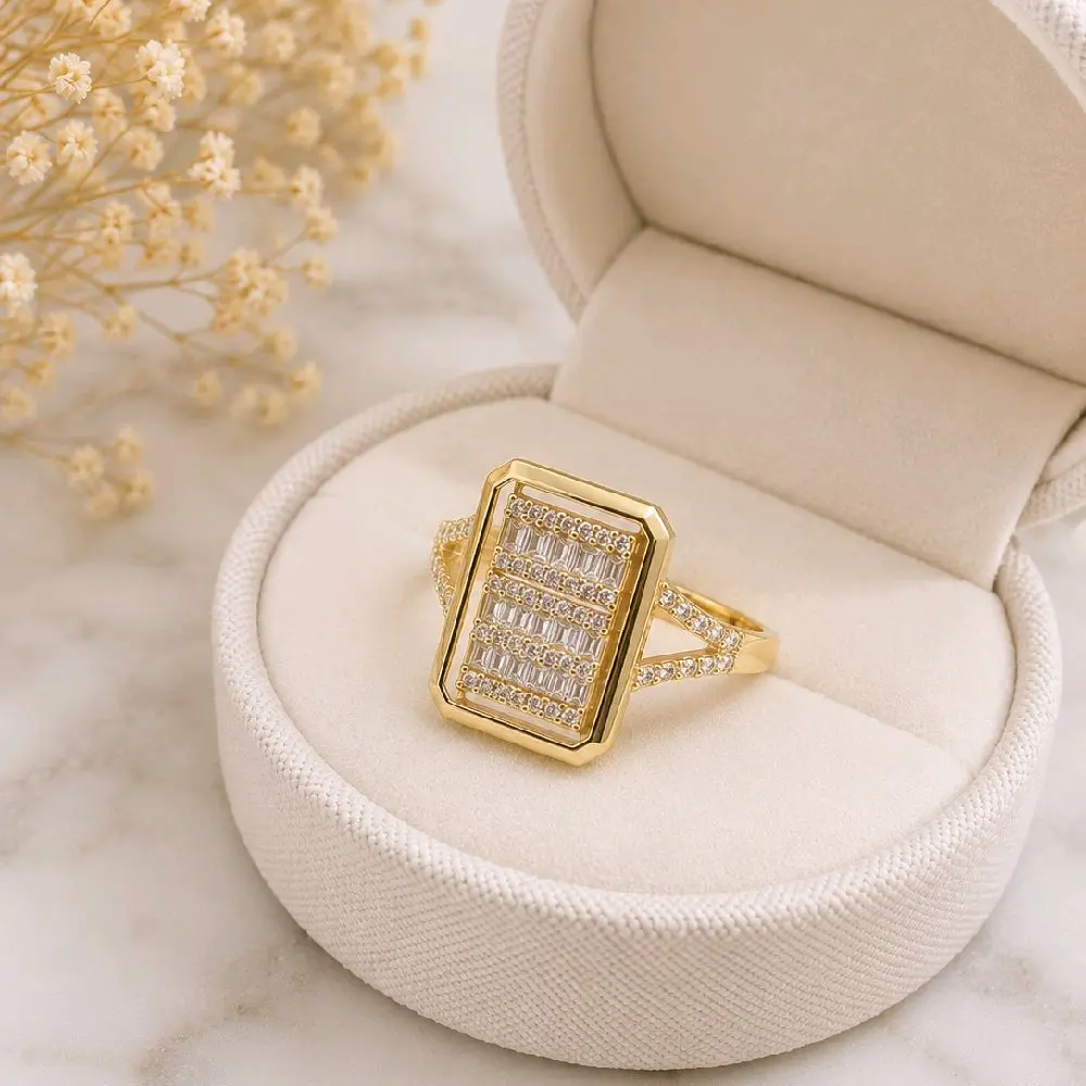Elegant Rectangular Zirconia Ring | 14K Gold Laminated | Statement Design
