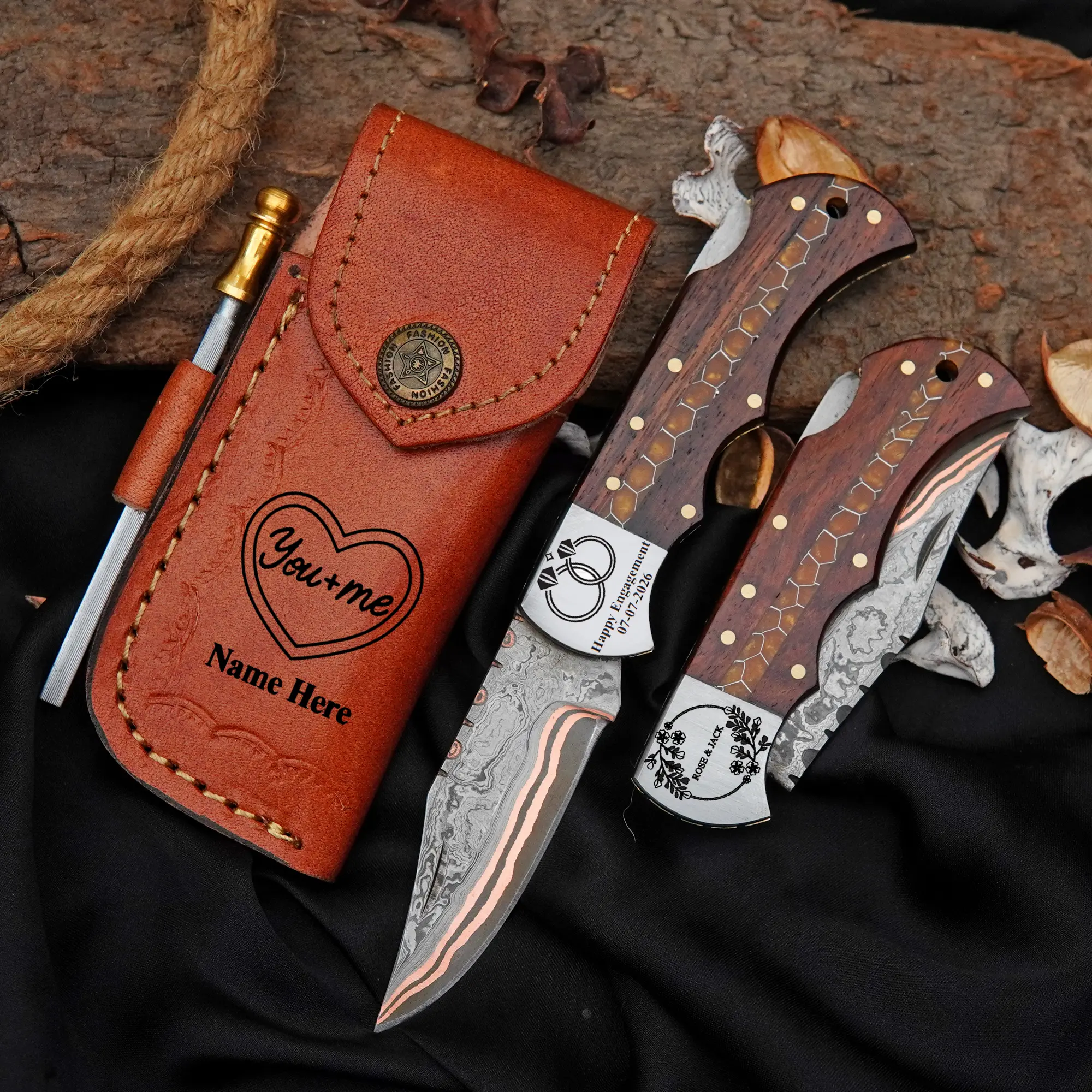 Handmade Copper Damascus Pocket Knife Rosewood Handle Folding Knife with Leather Sheath and Gift Box