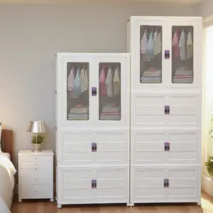 Space-Saving Folding Storage Cabinet Space Saving Aesthetic Stackable Storage Bins – Folding Plastic Organizer with Wheels & Magnetic Door for Closet, Dorm & Bedroom