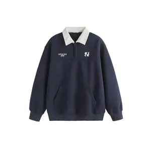 Heavy Polo Collar Sweater Men's Fashion New Letter Embroidery Contrast Color College Casual Long Sleeve