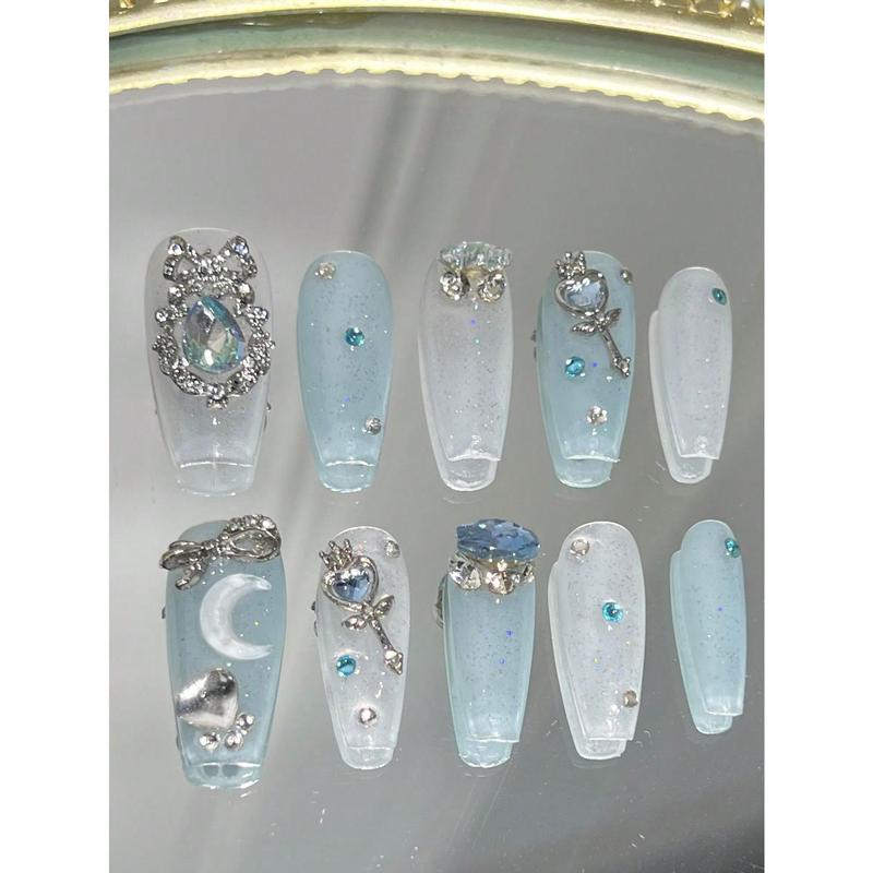 10pcs Handmade Long Coffin Blue False Nails With Butterfly, Flower, Moon, Blue Dove Egg Patterns, Full Cover False Nail Tips With Glitter For Party Press On Nails Nail Supplies