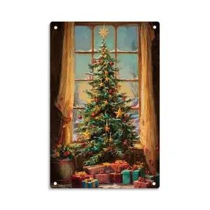 Christmas Tree by Window Vintage Holiday Metal Sign Print Aesthetic Room Decoration for Home Bedroom Kitchen Bar Dorm Bathroom Wall Decor 8 X 12 Inch