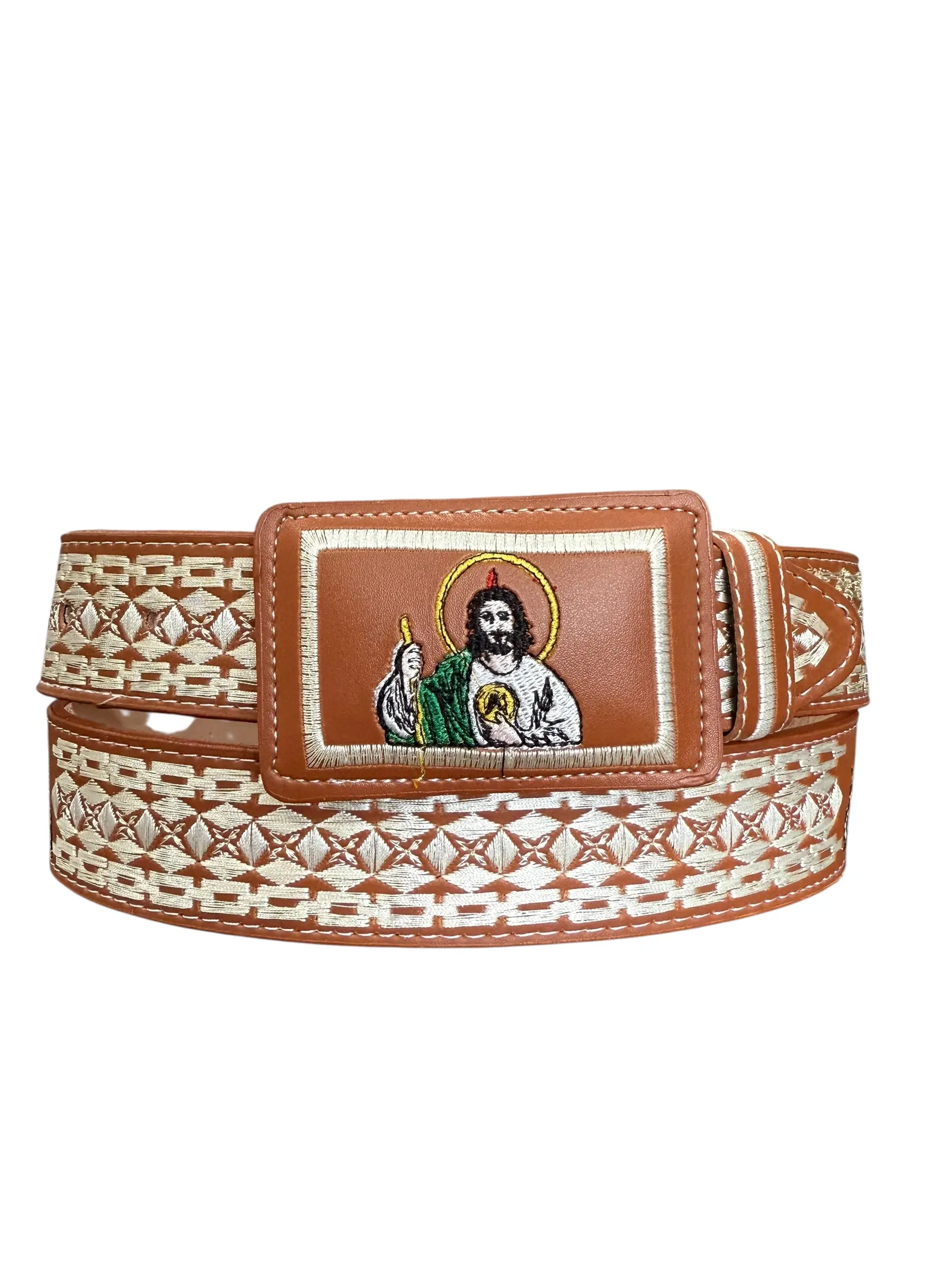 Cinto Vaquero Bordado Piteado San Judas de Piel Negro Black Western Style Embroidered Leather Belt Saint Jude