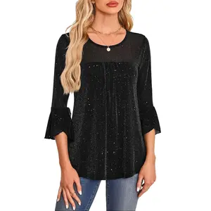 Women's Ruffle 3/4 Sleeve Elegant Dressy Blouses Crew Neck Double Layers Mesh Tunic Tops