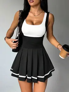 DORRIS Women's Colorblock Sleeveless Sports Dress With Detachable Padded Bra, Pleated Skirt, And Contrast Trim Shorts Lining, Suitable For Daily Casual, Running, Yoga, Gym, Tennis, Golf And Other Sports Athletic Dress Tennis Dress 2 Piece Tennis Skirt S