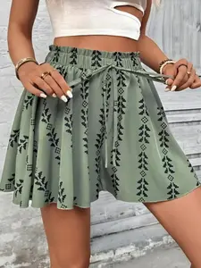 Women's All Over Print Knot Front Shorts, Casual Fashionable Shorts for Summer, Women's Bottoms for Daily Wear, Drawstring Shorts