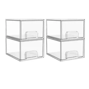 4 Pack Clear Stackable Storage Drawers 4.4'' Acrylic Bathroom Makeup Organizer for Vanity, Under Sink, Kitchen Cabinets,Pantry & Home Container Boxes