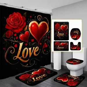 Heart and rose patterned shower curtain set, Bathroom Supplies, non-slip mat, U-shaped rug, toilet seat cover, perfect for bathroom decoration, beautifies the space, includes 12 shower curtain hooks.