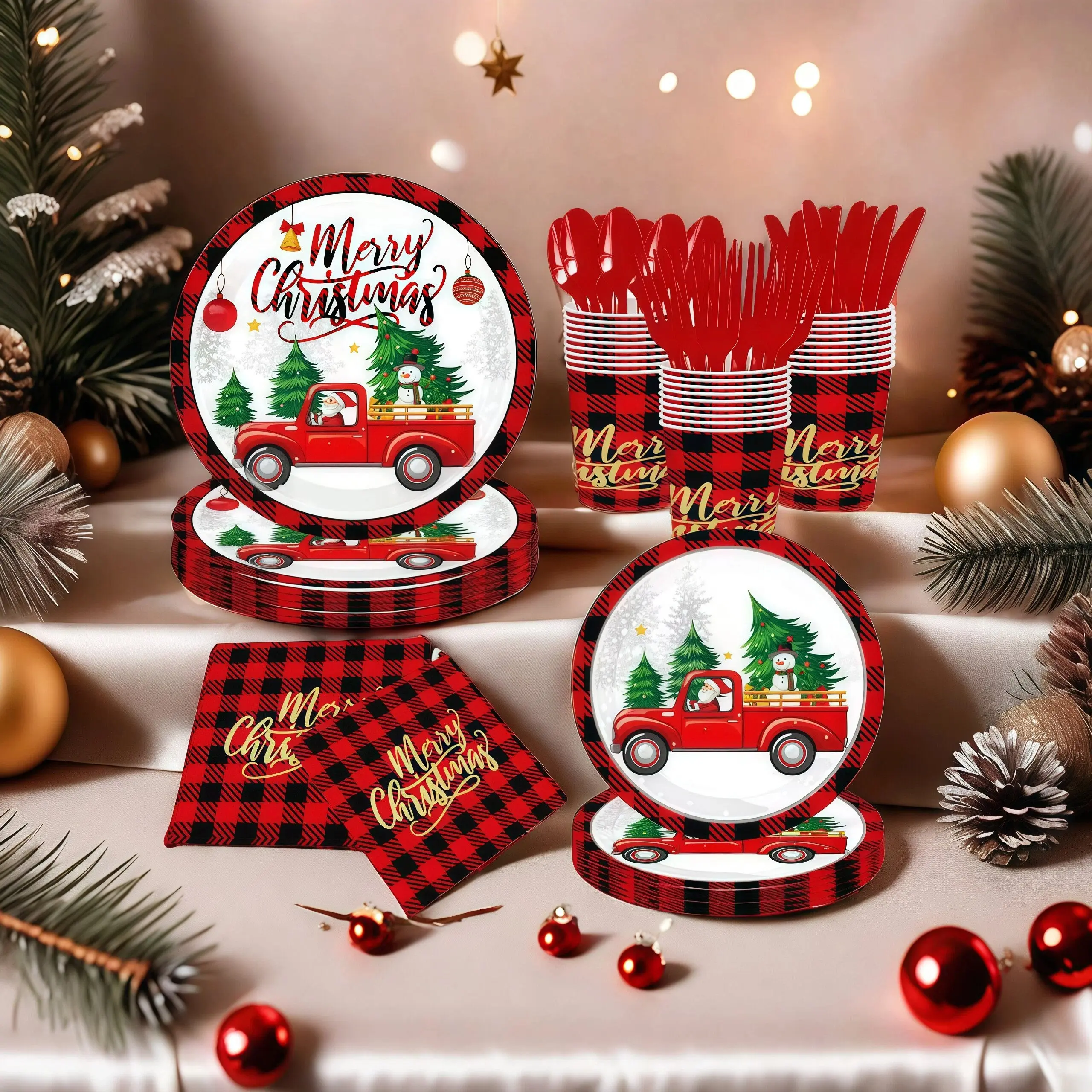 2026 New Round Christmas Disposable Tableware Set, Red Truck Design Heat-Resistant Paper Plates, Napkins & Cups, Festive Party Supplies for Family Gatherings