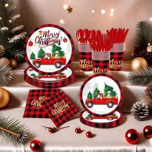 Christmas Disposable ware 2026 New Paper Plates with Napkins Cups Party Supplies for Family Friends Gathering and Holiday Celebration Red Truck Heat Resistant Design Dinner Set