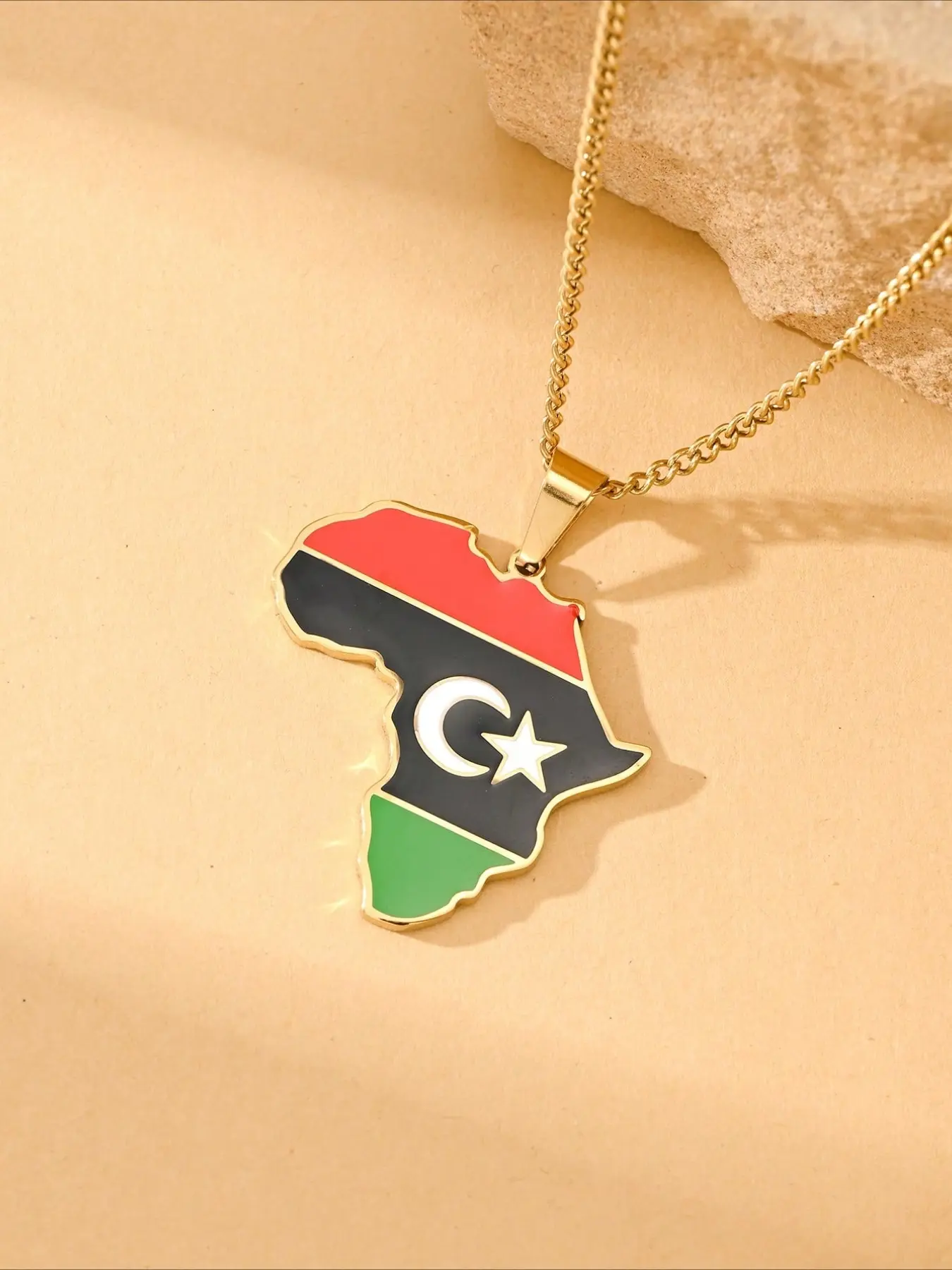 18K Gold-plated African Flag Oil Dripping Stainless Steel Map Pendant Necklace, Men's Jewelry, National Day Souvenir Gift