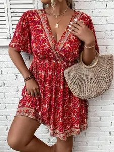 【Plus Size】 Floral Print Tassel Trim Romper, Boho Casual V Neck Short Sleeve Romper for Summer, Women's Clothes for Daily Wear