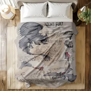 "Night Fury Field Guide" fleece blanket, Flannel fleece blankets with vintage sketch-style infographic prints. Ultra-soft, durable, quick-dry, machine washable. Multiple sizes for bed, travel. Gift for How to Train Your Dragon fans