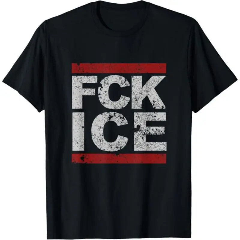 Women's 'F*ck ICE' Graphic Print T-Shirt, Fitted Cotton Short Sleeve Streetwear Top with Distressed Round Neck, Shortsleeve