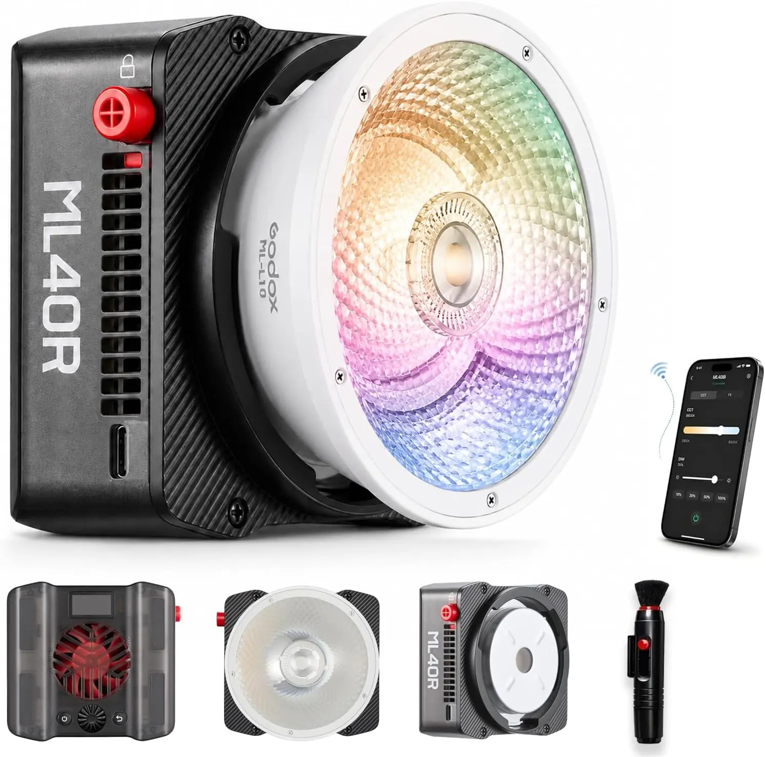 Godox ML40R RGB LED Video Light, Portable COB Photography Light with Built-in Battery, 1800K-10000K Full Color, 14 FX Effects, App Control, Magnetic Mount, ML-L10 Reflector for Vlog Live Streaming