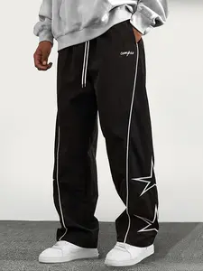 Men's Star Print Geometric Striped Trim Elastic Waist Sweatpants, Casual Street Sweatpants, Regular Fit Casual Comfy Breathable Jogger Pants for Outdoor Sports, Men's Trousers for All Seasons