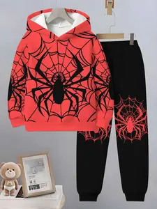 Boys' Spider Web 3D Print Set, Hoodie and Long Pants, Spring & Fall Casual, Kids Fashion Two-Piece Set
