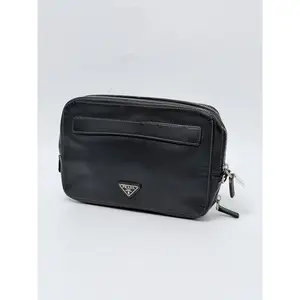 Pre-owned PRADA Leather Travel Pouch Saffiano Clutch Black Toiletry Bag PR35Fei