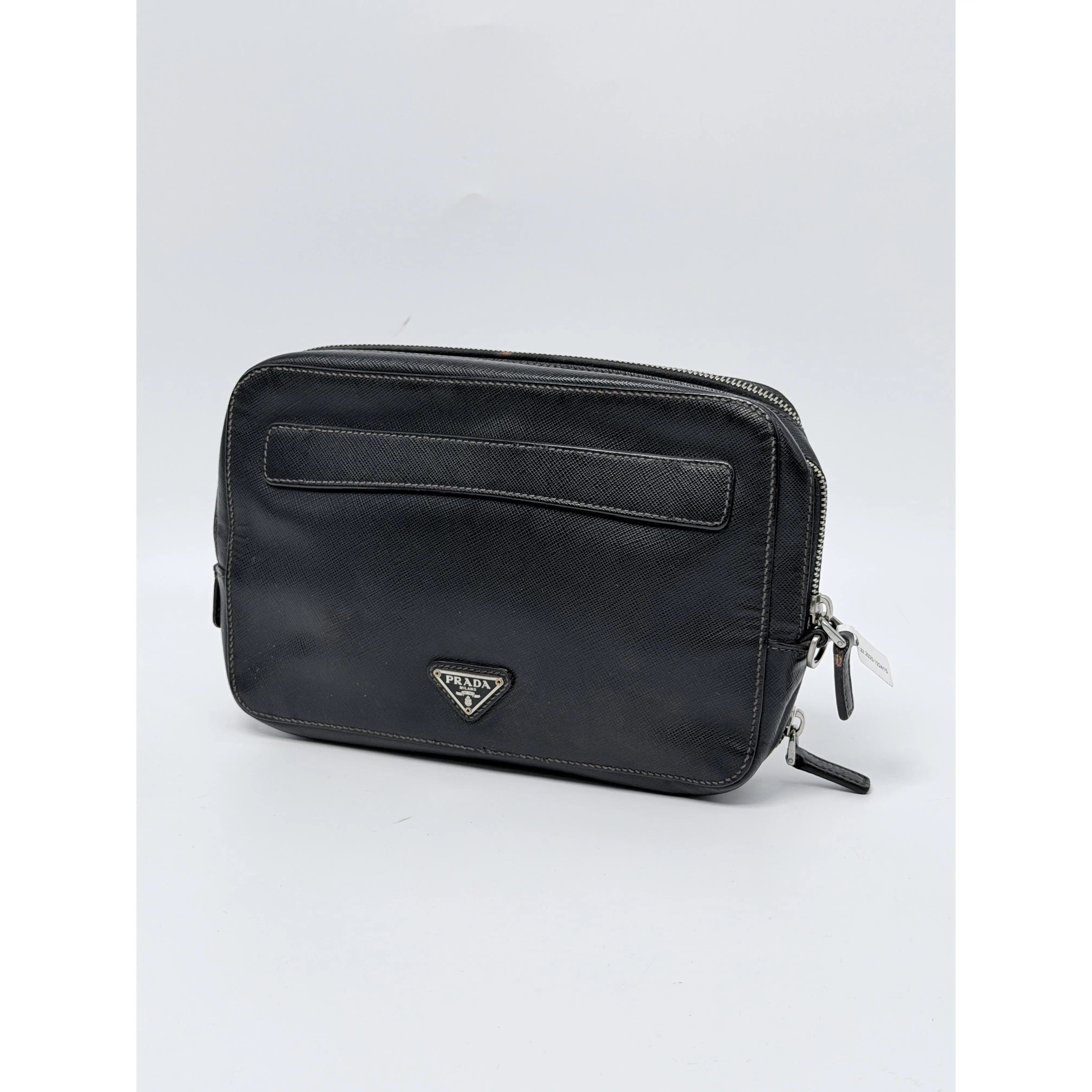 Pre-owned PRADA Leather Travel Pouch Saffiano Clutch Black Toiletry Bag PR35Fei
