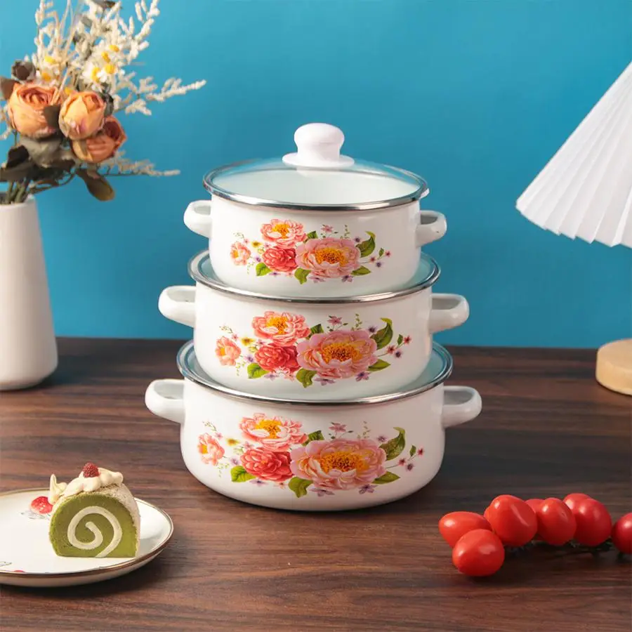 Floral Pattern Cookware Set, 3 Counts/set Thickened Double Ear Stockpots with Handle & Lid, Cookware for Home Kitchen, Summer for Gift