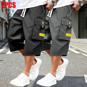 Set of 2 men’s summer casual cargo shorts — elastic drawstring waist design, multiple pockets, letter patch decorations, suitable for everyday wear and leisure activities