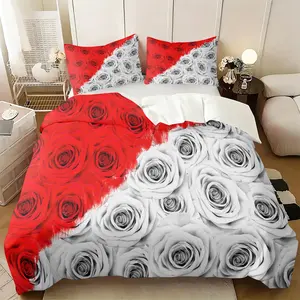 Valentine'S Day Comfortable Bedding Set, Holiday Gift Rose Quilt Cover, 2pcs/3pcs Red and White Matching Couple Duvet Cover Set, Suitable for Couple Room Layout, Wedding Room Decoration, Includes 1 Comforter Cover and 1/2 Pillowcase