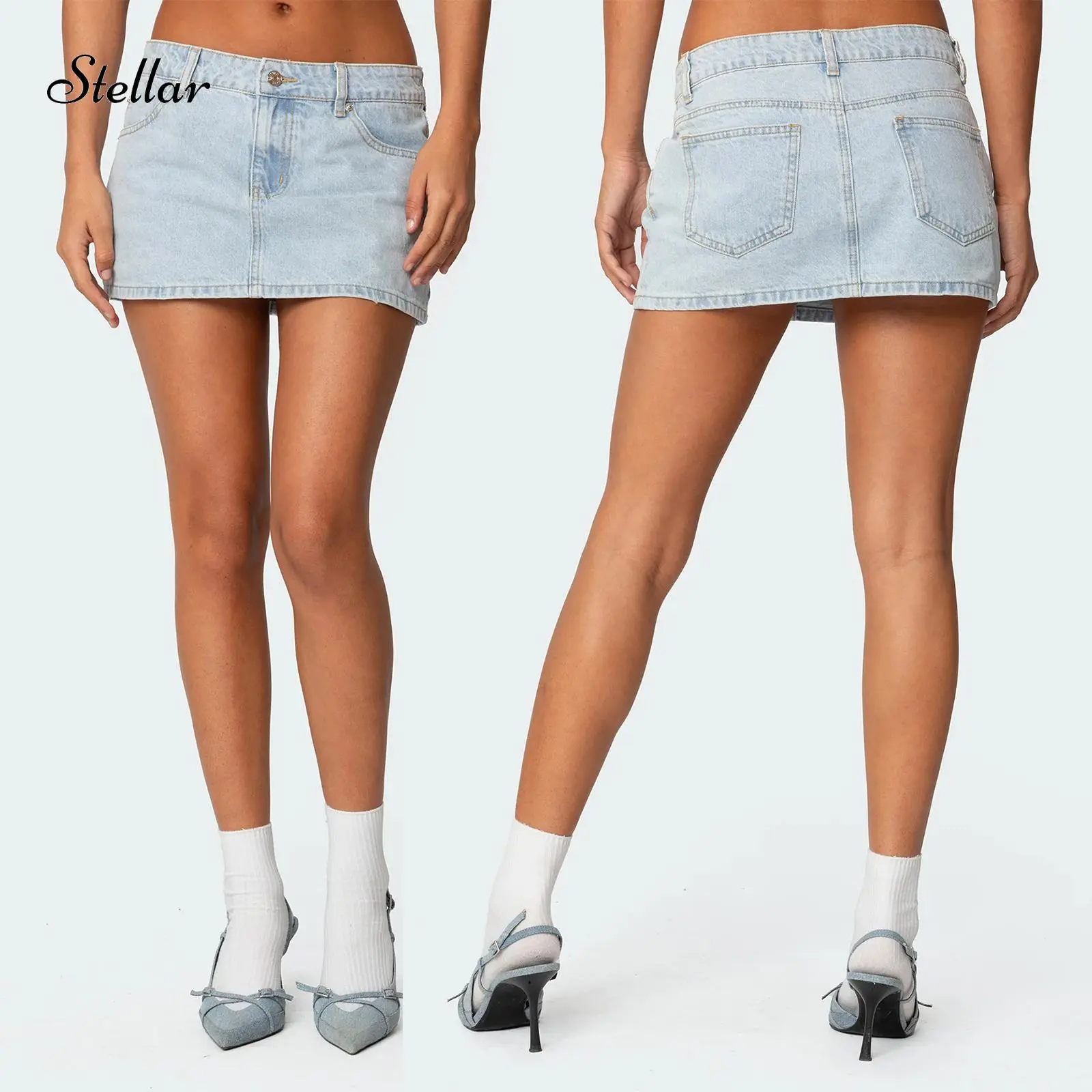 Women's Vintage Jean Skirts, Solid Light Wash Polyester Blend Bodycon Miniskirt with a Low Waist and Short Hem, Flat, Cotton, Miniskirt Length, Plain, Chic, Standard Sizes, Bottoms, Low Rise Waist, 11.81-12.99 Inch, Vintage Denim Vibe, Machine Wash, Lady,