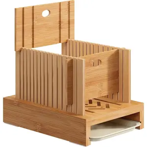 Bamboo Bread Slicer, Adjustable Width Bread Slicer for Homemade Bread, Crumb Catcher, Foldable and Compact Loaf Cutter 2 Size Slicing Guide