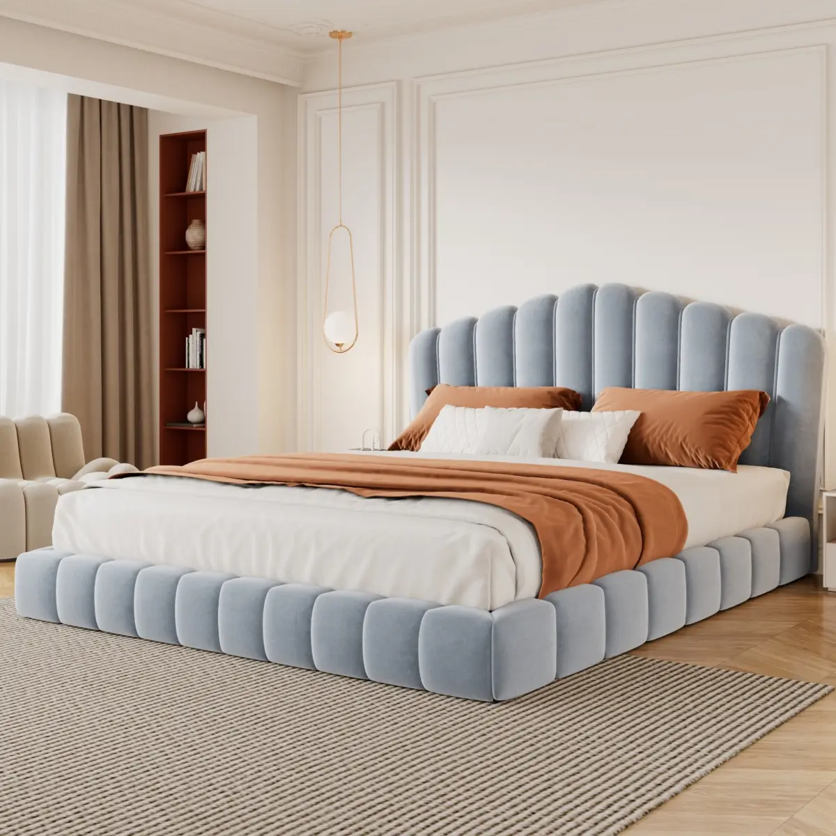 Stable Queen Bed Frame - Velvet Upholstered, Shell-Shape Headboard with Vertical Seams, Wood Construction, 6-8" Mattress Compatible, No Box Spring Needed, 87.4x70.3x40.1in, 88.18lbs, Easy Setup, High Weight Capacity, Light Blue (Old SKU:BS324377AAC), 6 In