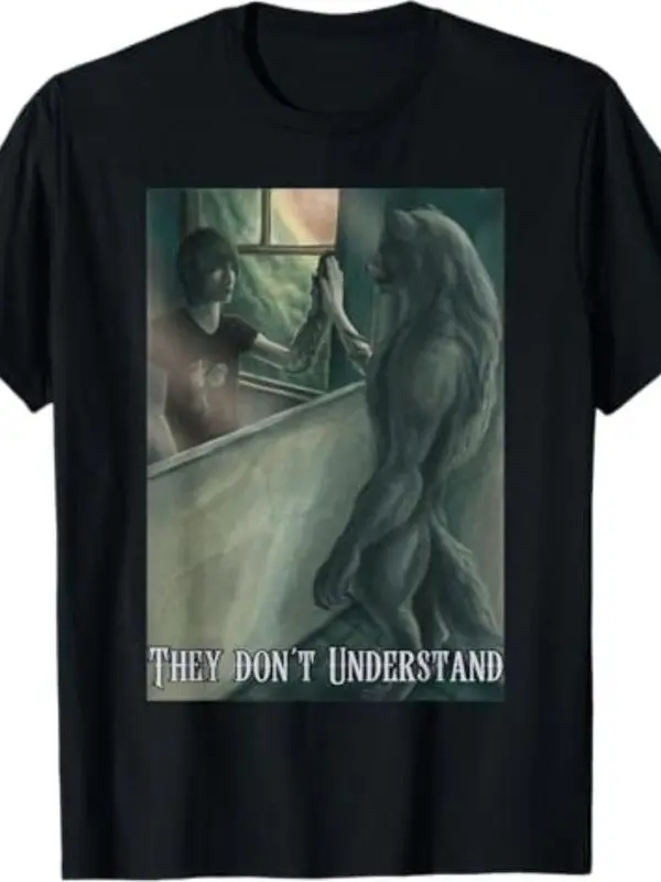 Men's Casual Short-Sleeve Loose Cotton Graphic T-Shirt - Black, Dark Gothic Werewolf Boy Window Print, Unisex Alt Streetwear Menswear Top, Daily Gift, Shortsleeve, Round Neck