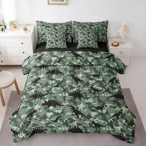 Dinosaur 7 Piece Bedding Set Camouflage Print Comforter Set with Sheets for Kids Boys Girls Army Green Bed in a Bag Animal Theme Bed Set Soft Lightweight