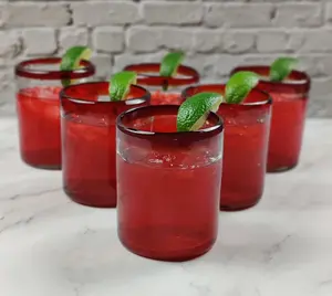 Hand Blown Mexican Drinking Glasses - Set of 6 Tumbler Glasses with Red Rims (10 oz each)