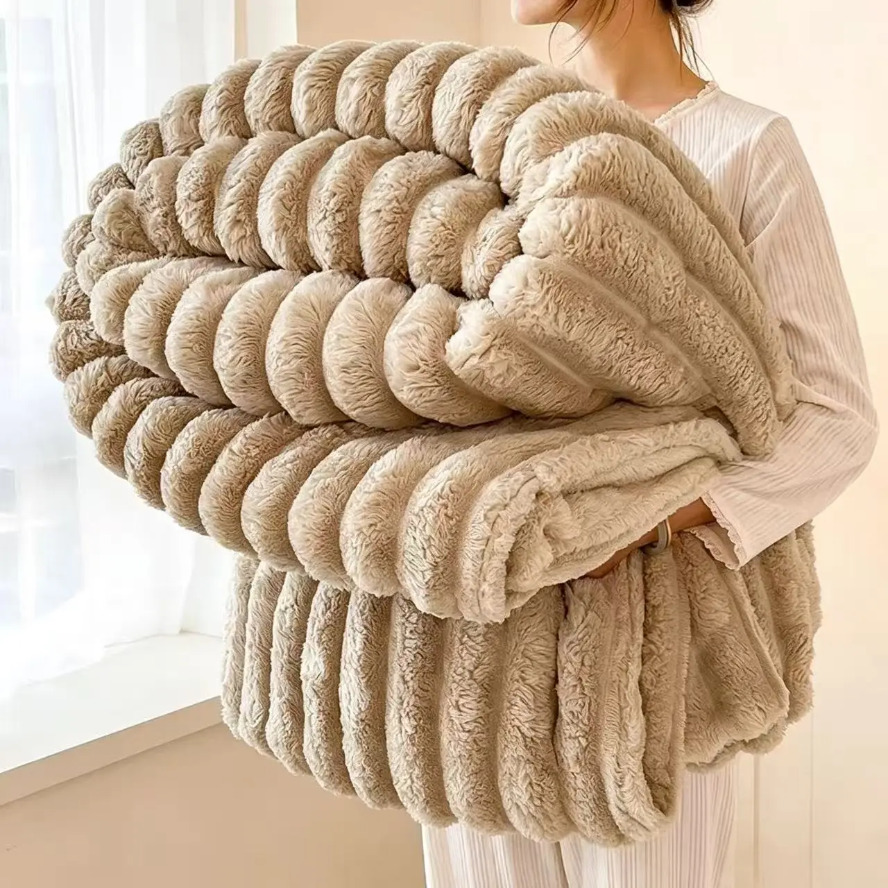 Striped Faux Rabbit Fur Blanket, Super Soft Warm Cozy Flannel Throw Blanket for Bed Sofa Couch, Home Decor, Multiple Colors