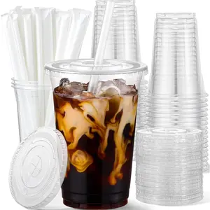 Disposable 16oz Plastic Cup with Lid & Straw, 25pcs Disposable Tableware Drinking Cup for Cold Drink, Ice Coffee, Smoothie, Party, Daily Use, Clear Plastic Dessert Cups, Party Supplies