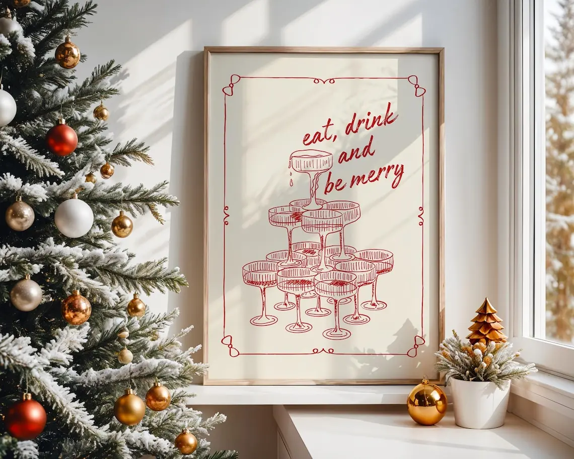 Eat Drink and Be Merry Wall Art, Retro Holiday Poster, Vintage Champagne Tower Print, Christmas Party Decor, Festive Kitchen Printable