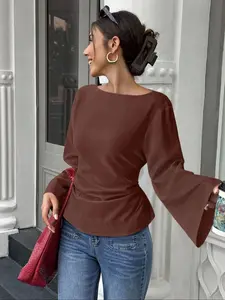 Boat Neck Flounce Sleeve Knit Top, Womenswear, Soft Skin-Friendly Fabric, Slimming & Versatile Design, Perfect for Daily Wear, Long Sleeve