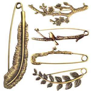 5 Pieces Vintage Extra Large Safety Pins Antique Bronze Alloy Tree Leaf Branch Feather Big Brooch Pin Clips for Clothes Hat Scarf Collar Sweater Shawl Crafts, 5 Styles