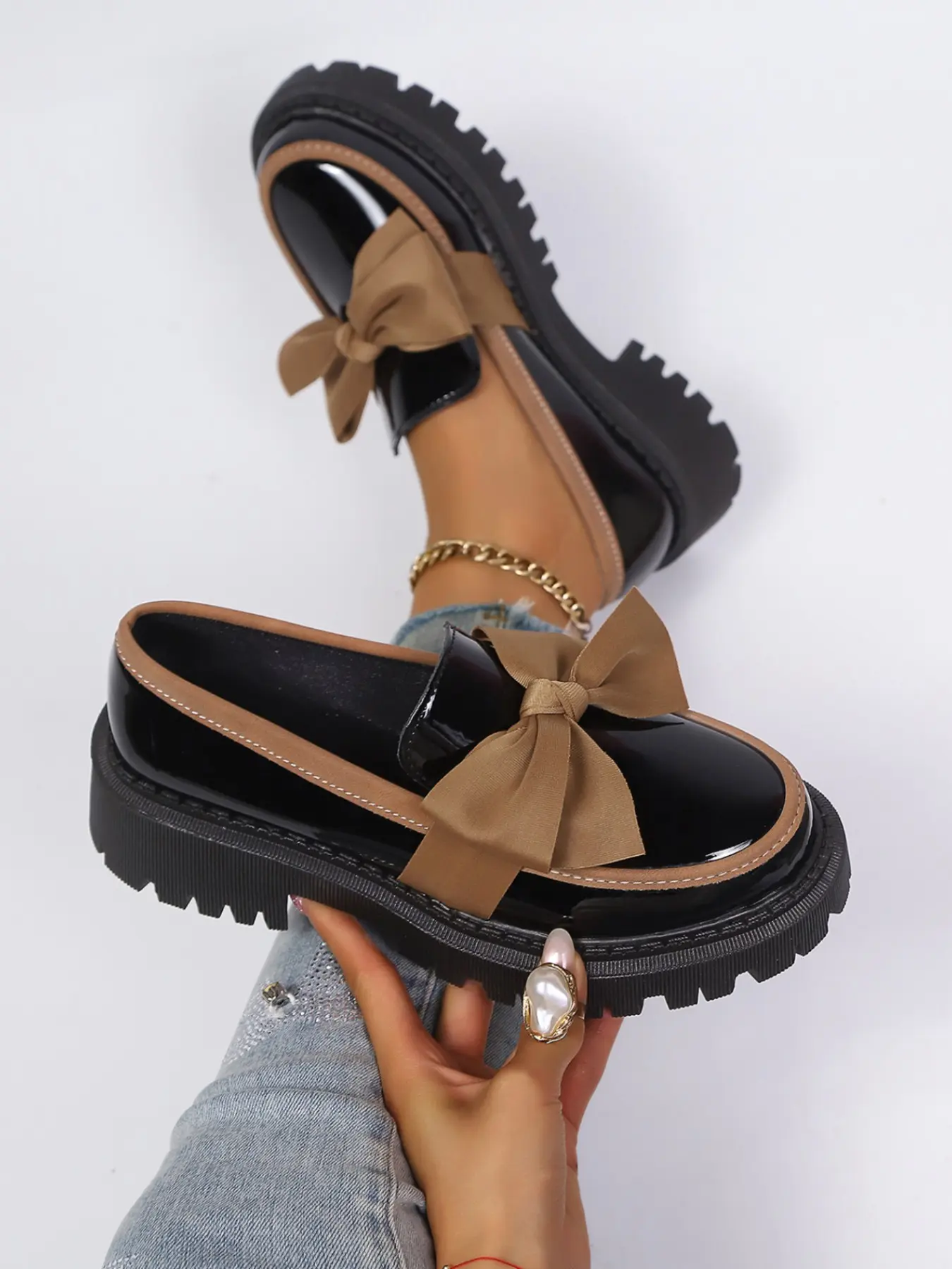 Spring New Shiny Bow Women's Loafers, Flatform Thick Sole Rubber Design Heightening Slimming, Multiple Colors Available, Sweet Cool Style Casual Wear