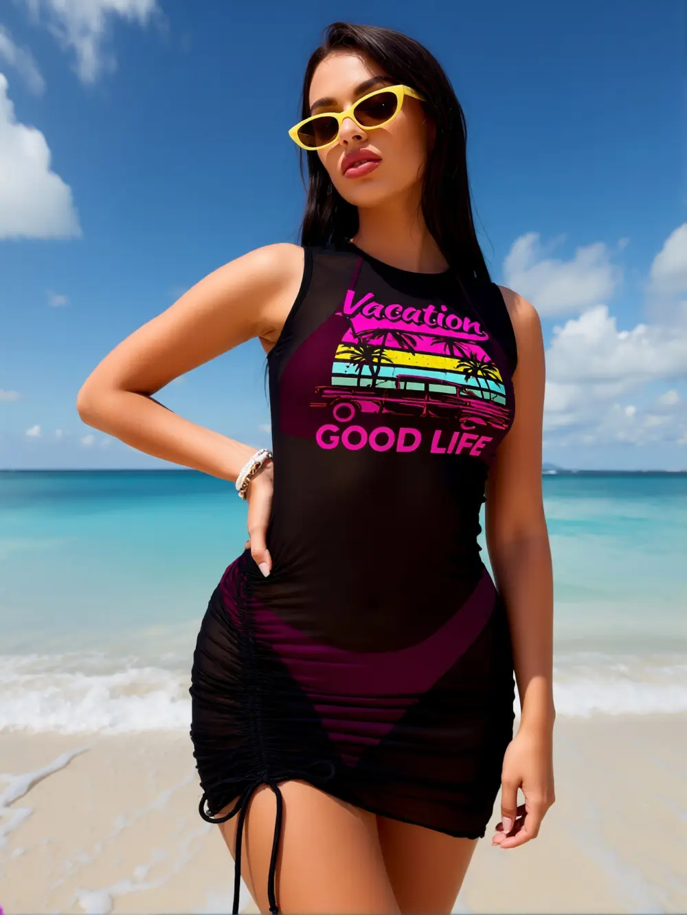 Women's 2-in-1 Sleeveless Polyester Ruched Bodycon Swim Dress - Built-in Swimsuit, Sheer Overlay, Retro Print, Adjustable Ties, Quick Dry, Stretch Breathable Solid Cover-Up, Fade-Resistant, Comfortable for Beach, Retro Vacations, Two-In-One