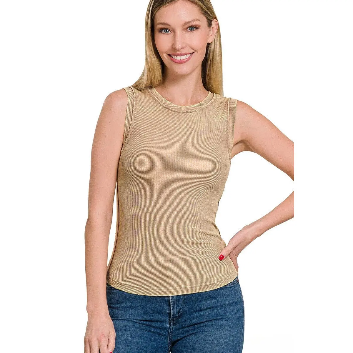 Zenana Washed Sleeveless Tank Top in a Rayon Spandex Blend with a Ribbed Fit, Rounded Hem, and Exposed Seams