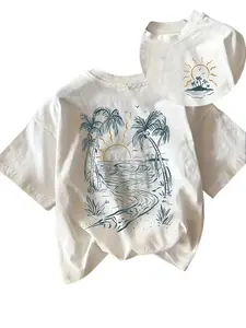 Women's Short-Sleeve T-Shirt with Double-Sided Palm Tree & Sun Print Round Neck Whimsical Design for All Seasons Vintage Touch Pop Culture Inspired