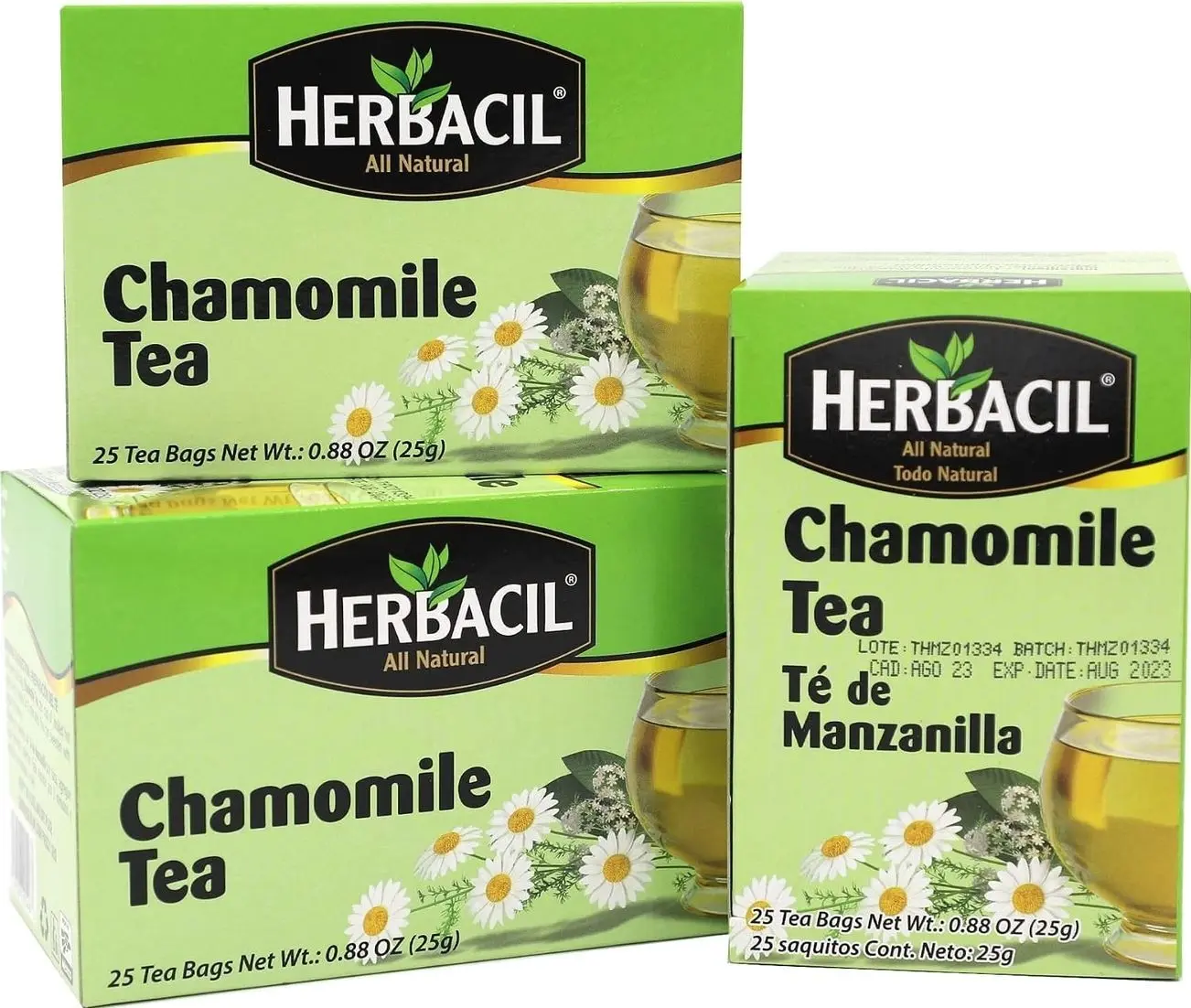 Herbacil Chamomile Tea, Made with Chamomile Flowers, Caffeine-Free, 3-pack of 25 bags per box (75 Tea Bags)