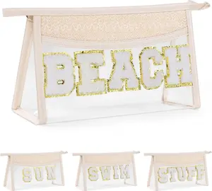 Boho Patch BEACH Makeup Bag, Clear PVC Travel Toiletry Bag  Beach Bags for Women, Small Chenille Letter Bag With Zipper for Beach Travel Essentials
