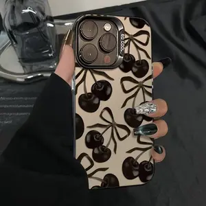 Luxury Black Cherry Pattern Glossy Silver Matte Phone Case Stylish Premium Aesthetic Shockproof Anti-Scratch Anti-Drop Durable Protective Cover Compatible with iPhone X XS XR 11 12 13 14 15 16 17 Pro Max Plus Series