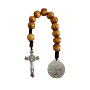 BONITTER Vintage Pocket Rosary with St. Benedict Medal and Cross - Brown Wooden Beads, Zinc Alloy Pendant, Daily Use Religious Jewelry for Holidays and Gifts