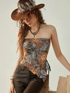 Women Backless Paisley Print Asymmetric Hem Bohemian Style Bandeau Crop Top,Going Out Tops